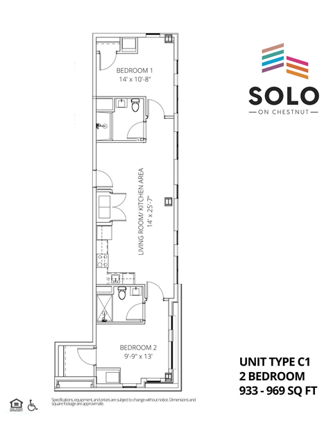 A floor plan for a 2 bedroom apartment sized 933-969 square feet.