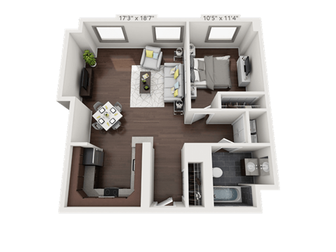 a 3d floor plan of a 1 bedroom apartment