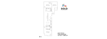 A drawing of a three bedroom apartment layout.