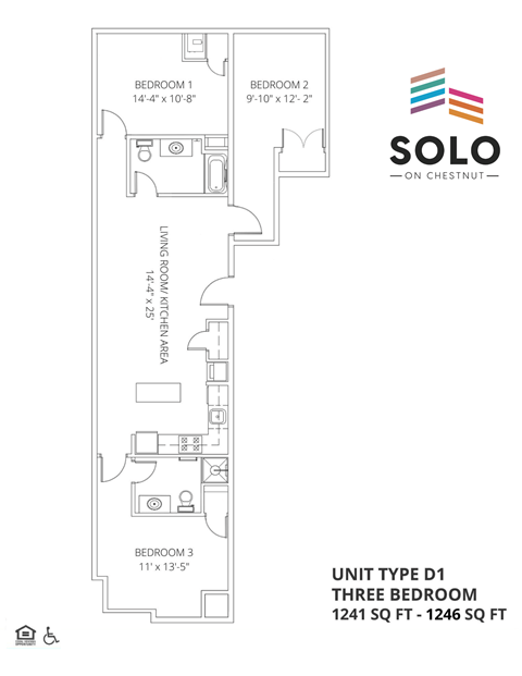 A drawing of a three bedroom apartment layout.