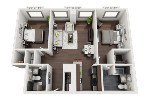 a 3d floor plan of a 1 bedroom apartment