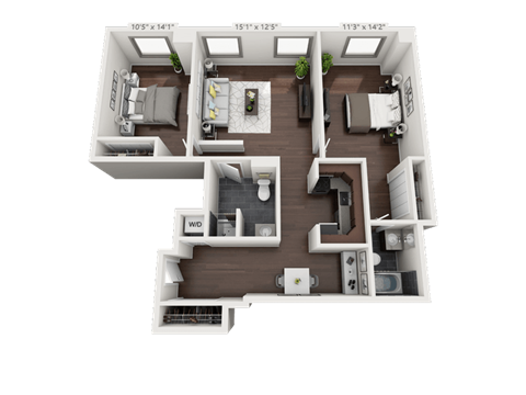 a 3d floor plan of a 3 bedroom apartment