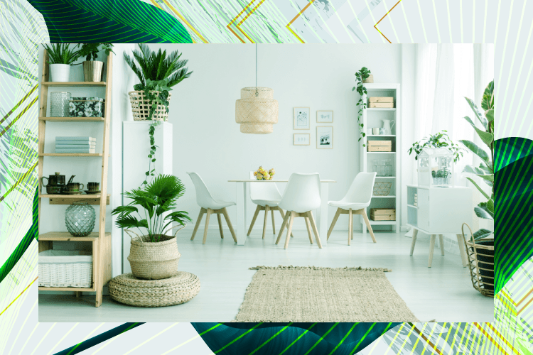 A modern living room with a dining table and chairs.