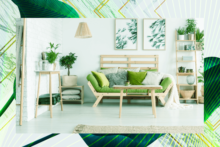A living room with a wooden sofa and green cushions.