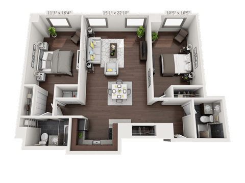 a 3d floor plan of a small apartment