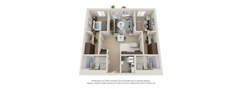 a bedroom apartment with a bathroom and a living room