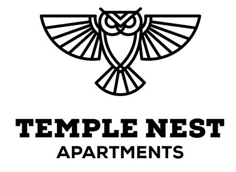 A black and white image of an owl with the words "Temple Nest Apartments" below it.