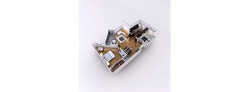 A 3D floor plan of a small apartment with a kitchen, living room, and bathroom.