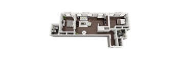 a 3d rendered floor plan of a two bedroom apartment
