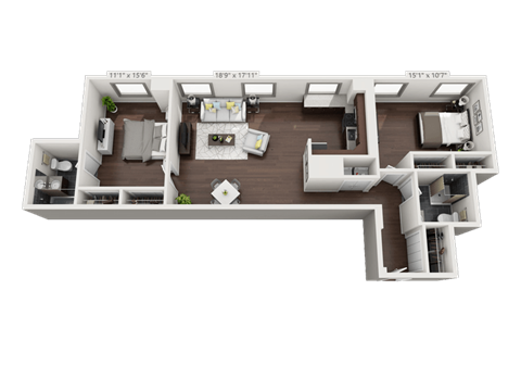 a 3d rendered floor plan of a two bedroom apartment