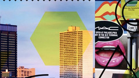 A collage of images including a building, a lipstick advertisement, and a yellow shape.