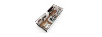 a small apartment with a kitchen and a living room