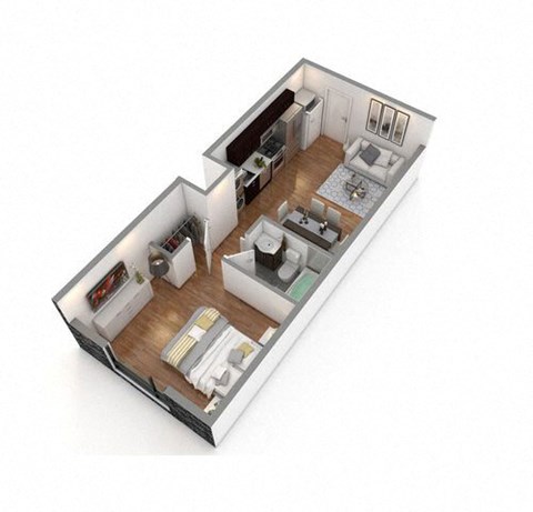 a small apartment with a kitchen and a living room