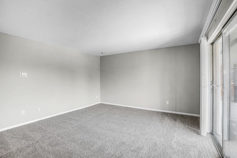 A room with a carpeted floor and a sliding glass door.