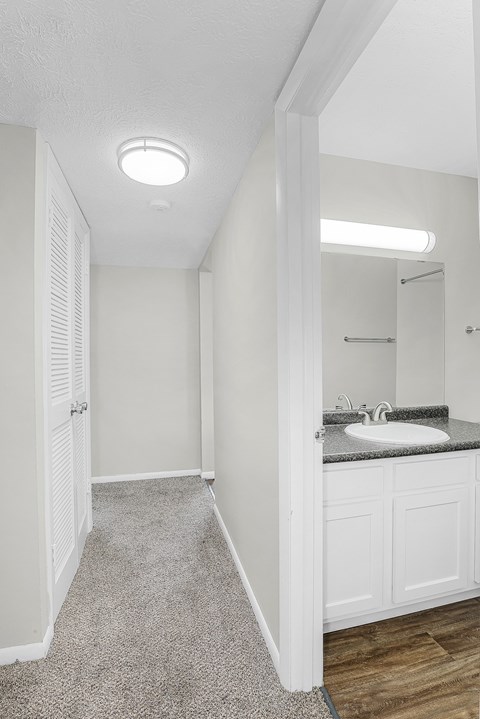 A bathroom with a sink and a mirror.