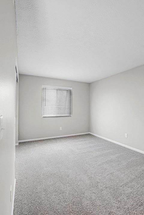 A room with a carpeted floor and a window with blinds.