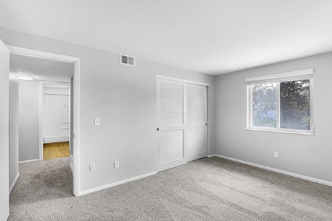 A room with a carpeted floor and a window showing trees outside.