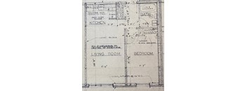 a drawing of a plan of a living room and a kitchen