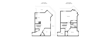 A floor plan of a two story Garrison Watch house with a terrace and a den on the lower level and a bedroom, a washroom, and a storage space on the upper level.