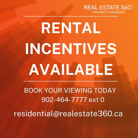 A real estate advertisement offering rental incentives with a phone number and email for contact.