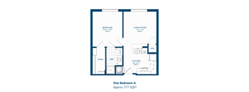 A floor plan of a one bedroom apartment with a kitchen and living room.