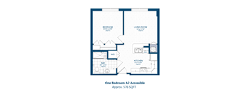 A floor plan of a one bedroom apartment with a bathroom, living room, and kitchen.