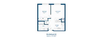 A floor plan of a one bedroom apartment with a living room, bedroom, kitchen and bath.