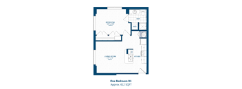 A floor plan of a one bedroom apartment with a living room, kitchen and bath.
