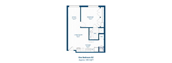 A floor plan of a one bedroom apartment with a study, living room, kitchen and bathroom.