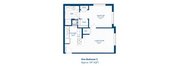 A floor plan of a one bedroom apartment with a kitchen and living room.