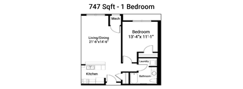 A floor plan of a 1 bedroom apartment sized at 747 square feet.