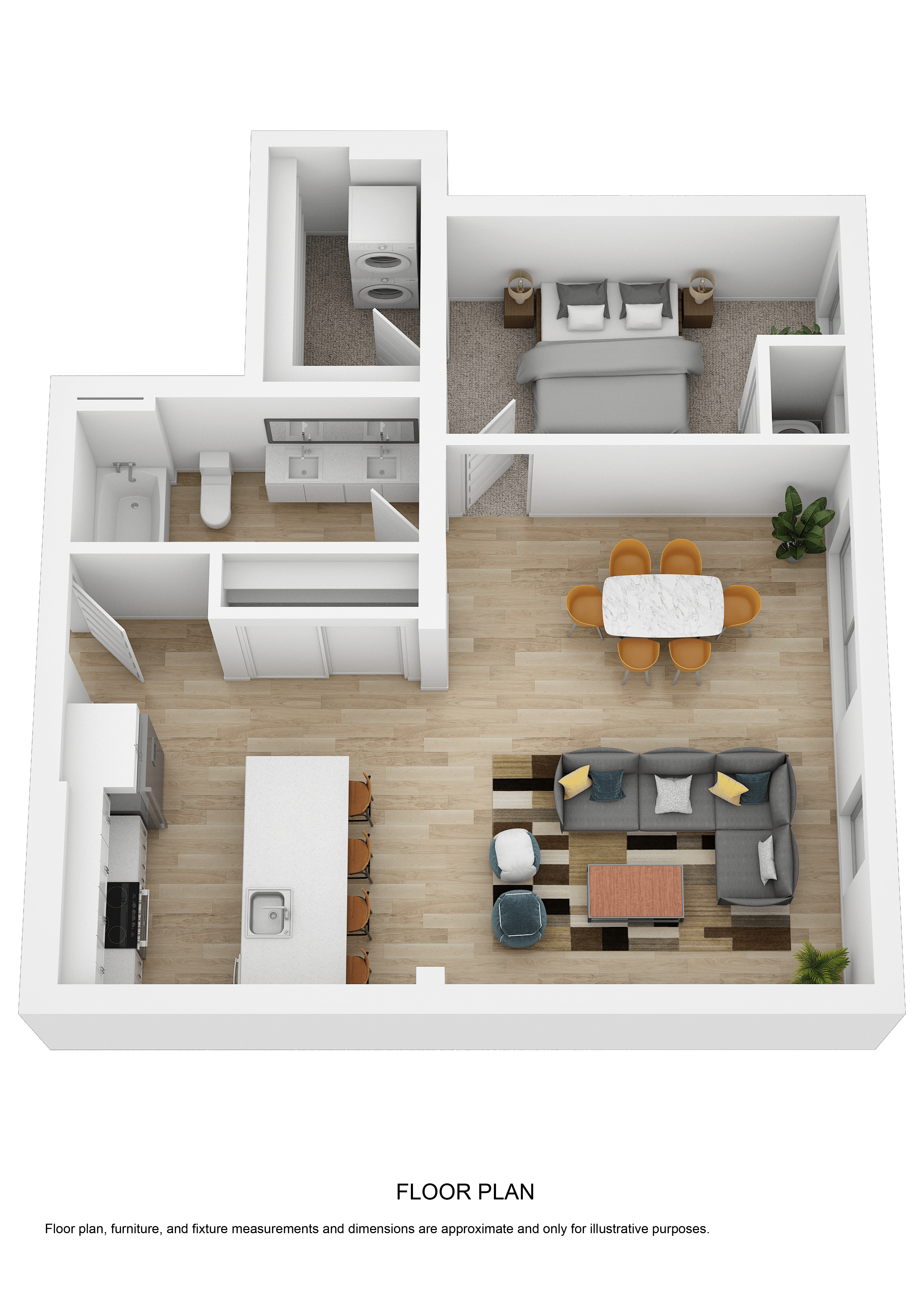 a rendering of the living room and dining room in a 3d floor plan