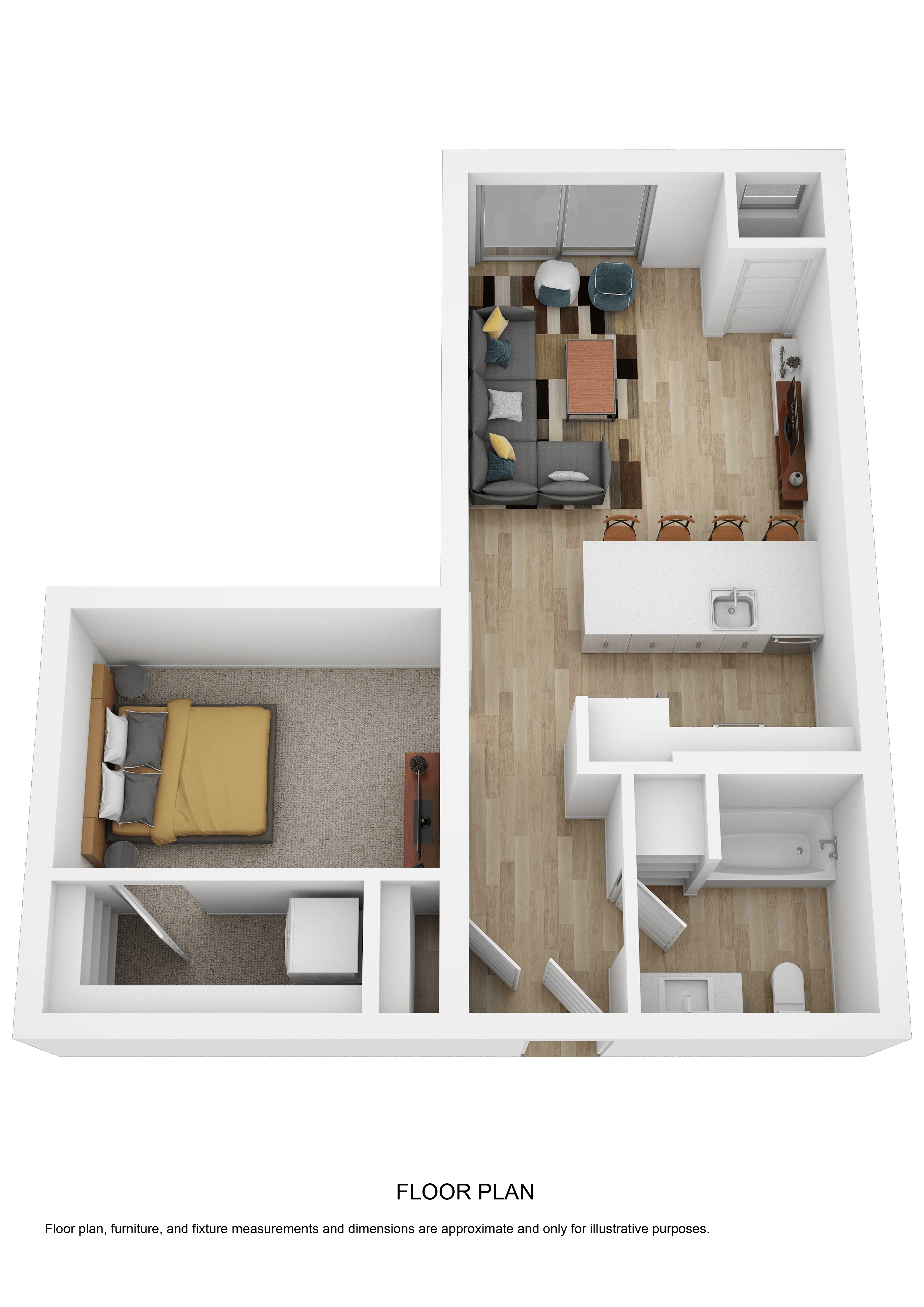 a stylized rendering of a floor plan with a bedroom and a living room