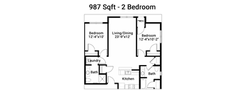 A floor plan of a 987 square foot 2 bedroom apartment.