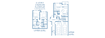 A blueprint of a 2-story, 2 bedroom floor plan that is 1,116 square feet.