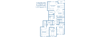 A 3 bedroom floor plan with a total area of 1,219 square feet.