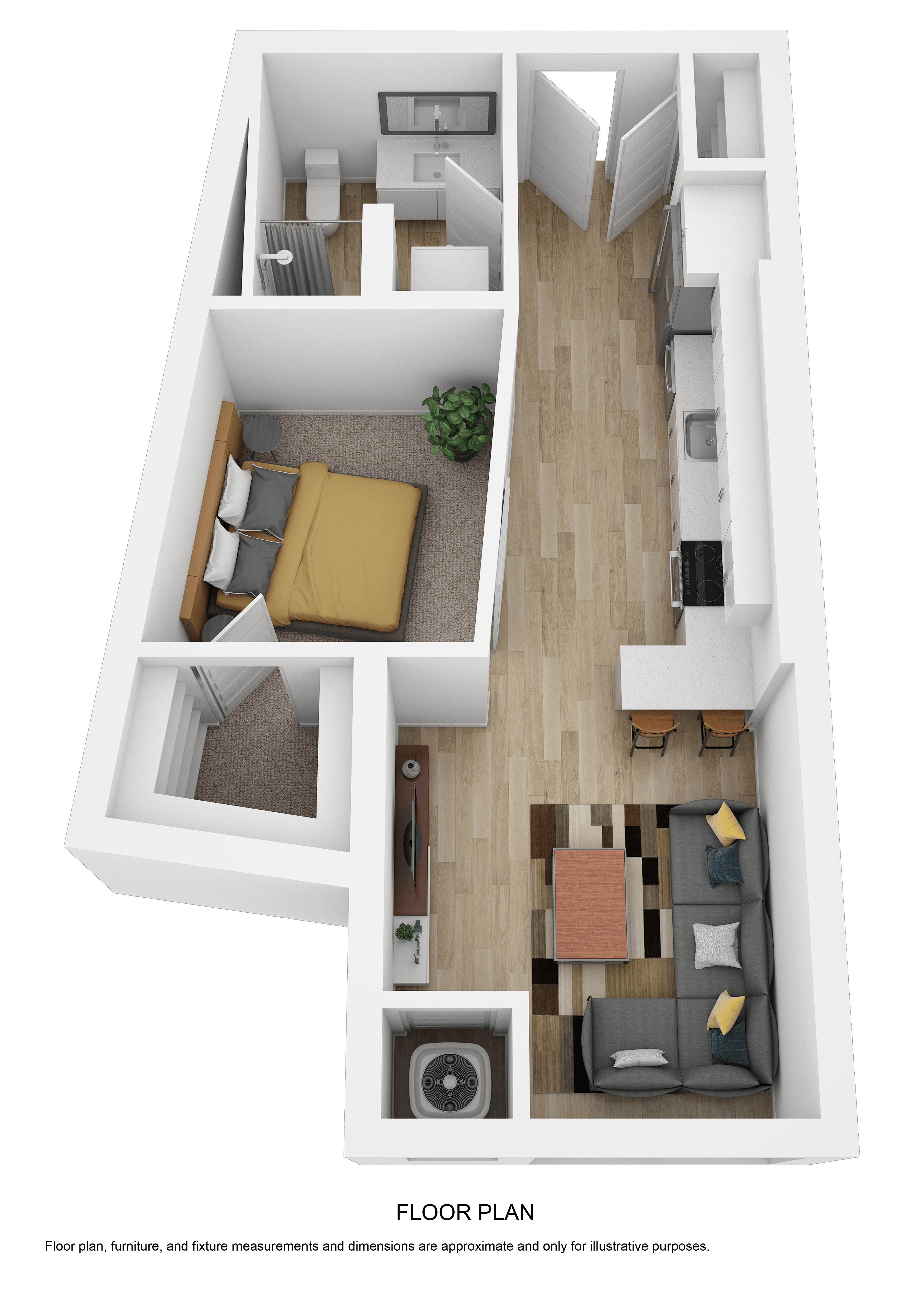 a stylized floor plan with a bedroom and a living room