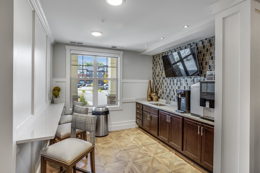 Coffee Bar, drinks, work area, Senior Apartment, Senior living, Maplewood, White Bear Lake, Saint Paul, Frost English Silver