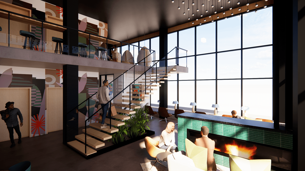 a rendering of a apartment lobby with stairs and a fireplace