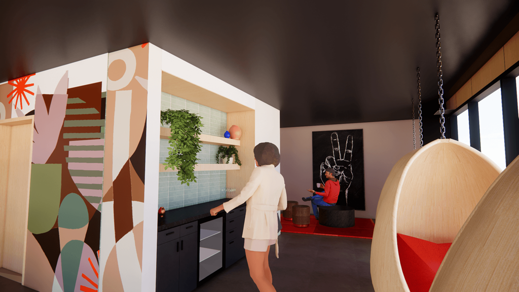 a rendering of common space at Miro work or socializing