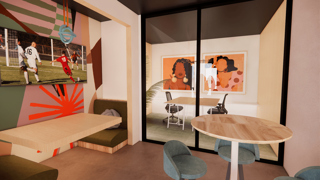 a rendering of a conference room with a table and chairs