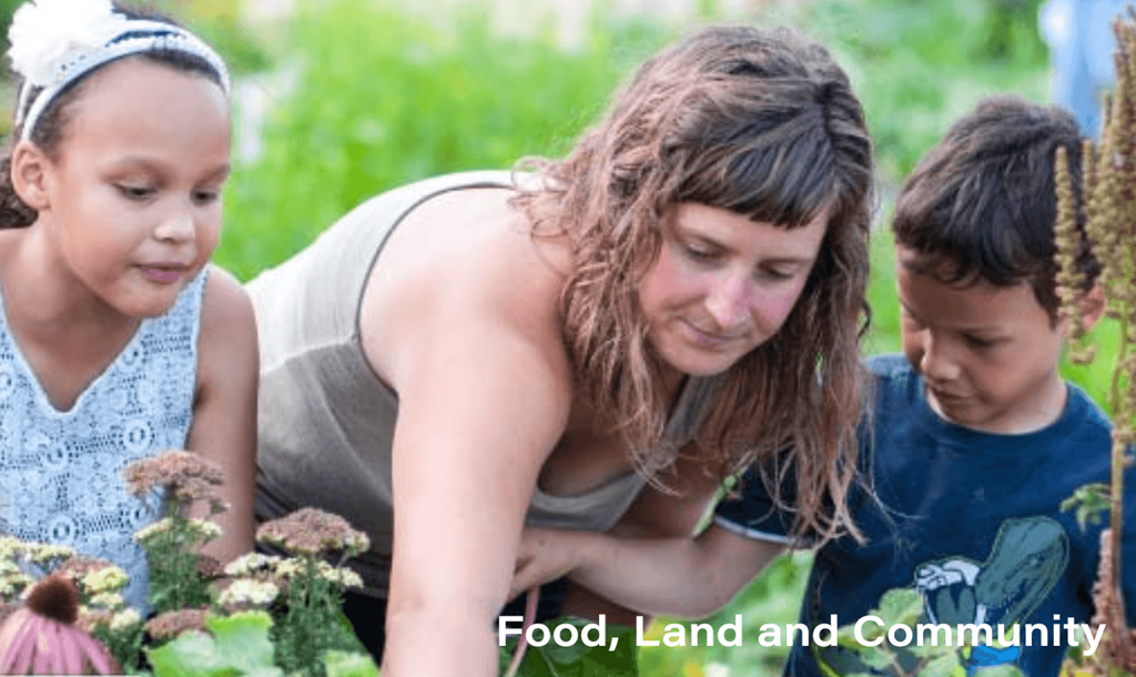 A woman and two children are looking at plants in a garden.