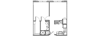 A black and white drawing of a floor plan with various rooms and objects.