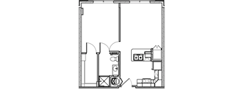 A black and white drawing of a floor plan with various rooms and objects.