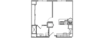 A black and white drawing of a floor plan with various rooms and objects.
