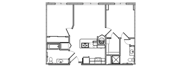 A black and white drawing of a house with a kitchen, living room, and bathroom.