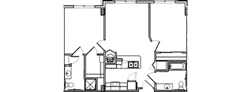 A black and white drawing of a house with a kitchen, living room, and bathroom.