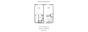 A floor plan for a one bedroom, one bathroom apartment at Madison Highlands Senior Apartments.