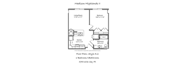 A floor plan for a one bedroom/one bathroom apartment at Madison Highlands Senior Living.