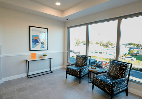 Two black patterned chairs are placed in a room with a large window.